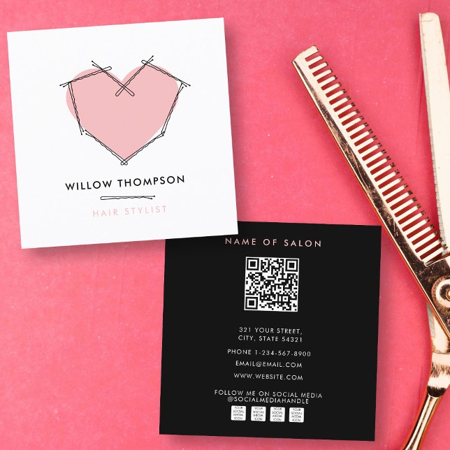 Cartão De Visita Quadrado Pêlos de Bobby, Rosa-Rosa-Rosa-Elegante (Elegant Modern Black Pink Bobby Pins Hair Square Business Card)
