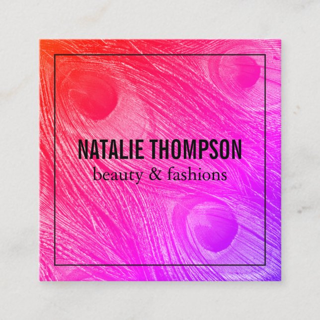 Cartão De Visita Quadrado Penas de Peacock na moda Bright (Frente)