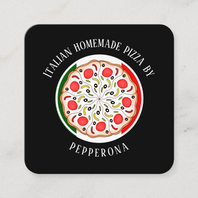 Cartão De Visita Quadrado Pepperoni pizza italiana bandeira negra (Frente)
