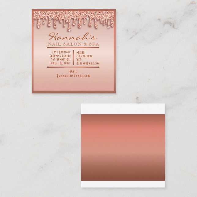Cartão De Visita Quadrado Pêssego Glitter Salon Spa do Sparkle Dourado (Frente/Verso)