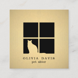 Cartão De Visita Quadrado Pet Sitting Services Black and Dourado Faux Metali