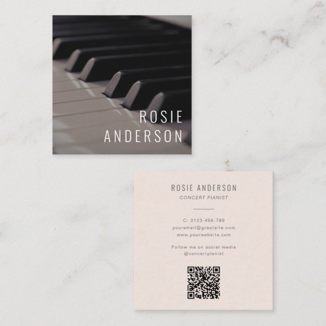 Cartão De Visita Quadrado Piano com código QR para músicos - Tinta rosa-pinc (Frente/Verso)