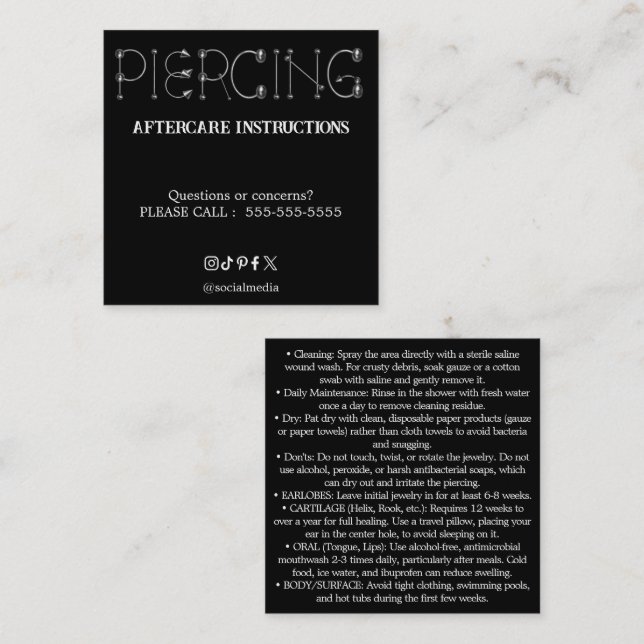 Cartão De Visita Quadrado Piercing Aftercare Instructions Business Card (Frente/Verso)