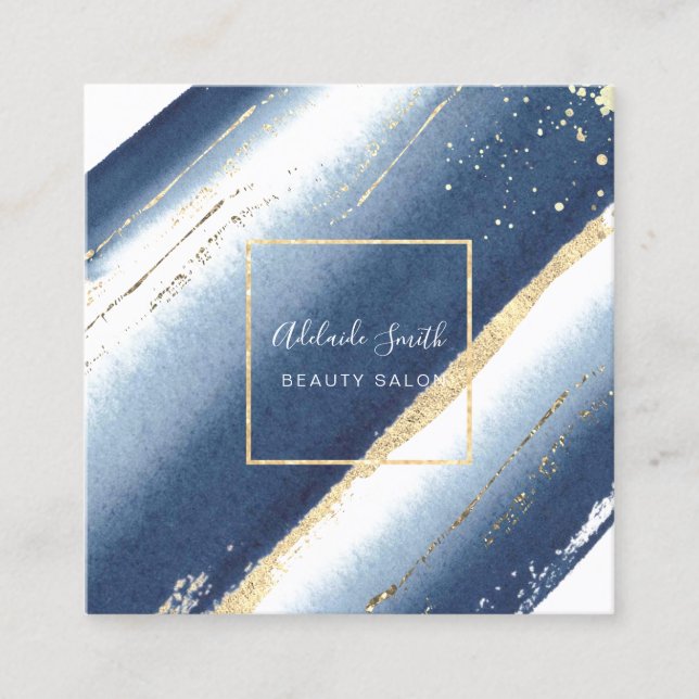 Cartão De Visita Quadrado pincéis de tinta azul e folha de ouro falso (Frente)