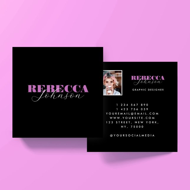 Cartão De Visita Quadrado Pink & Black Script Photo Square Business Card (Criador carregado)