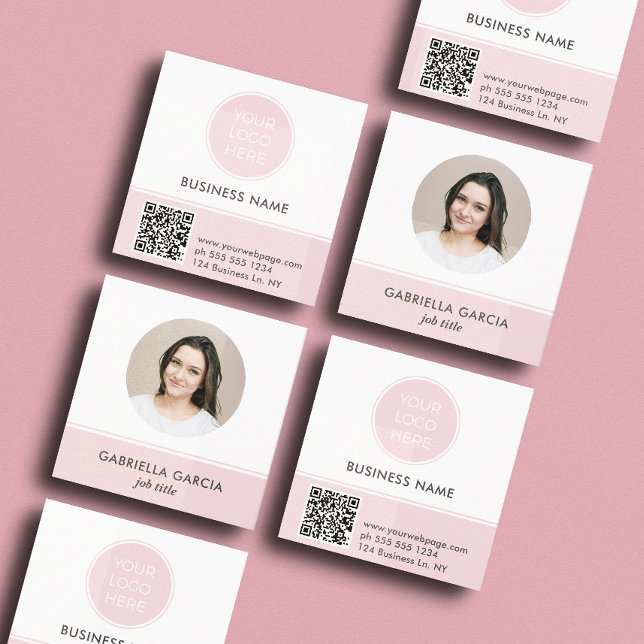 Cartão De Visita Quadrado Pink Logo QR Code Photo Square Business Card ( Front and back of a square 2.5 inch. pink business card. Choose a corner and paper style.)