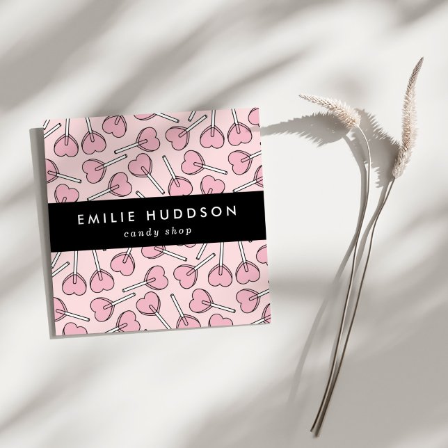 Cartão De Visita Quadrado Pink Lollipops, Heart Lollipops, Lolly, Candy Shop (Criador carregado)