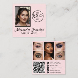 Cartão De Visita Quadrado Pink White & Black Script Makeup Photo Personalize