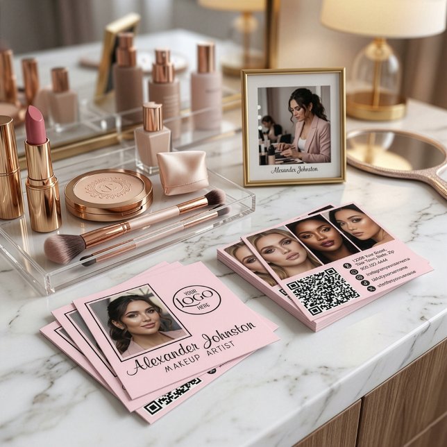 Cartão De Visita Quadrado Pink White & Black Script Makeup Photo Personalize (Blush Pink and Black Script QR Code Social Makeup Photo Square Business Card)