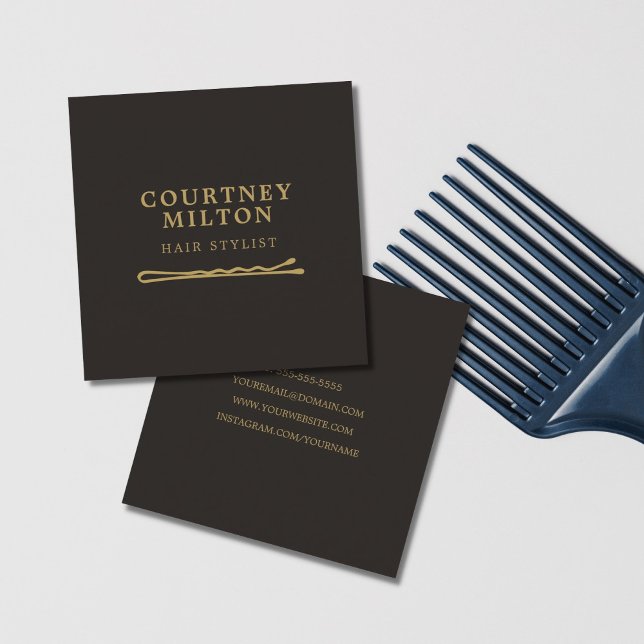 Cartão De Visita Quadrado Pino de Cabelo Dourado Mínimo Elegante Escuro (Criador carregado)