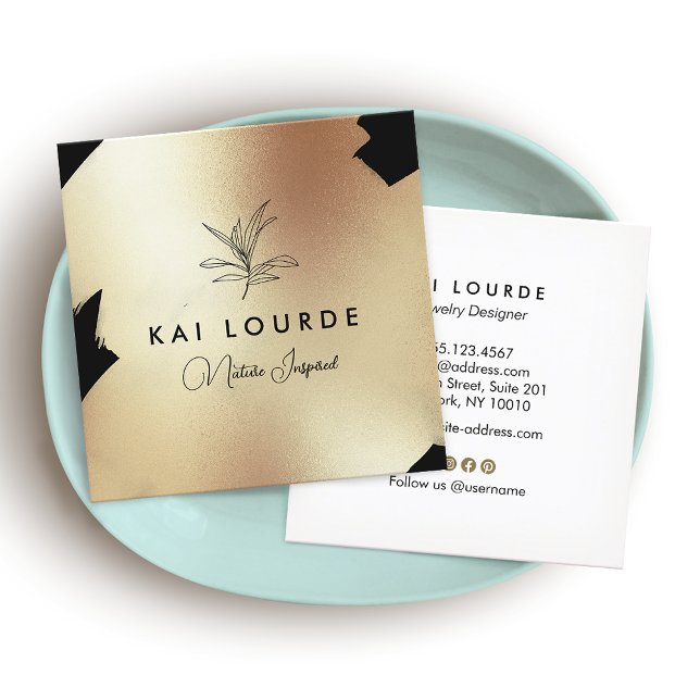 Cartão De Visita Quadrado Pintado Dourado, Abstrato com Ramificação Pintada  (Criador carregado)