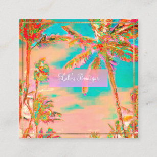 Cartão De Visita Quadrado Pix Dezines Vintage Havaiian Beach/Pink/Teal
