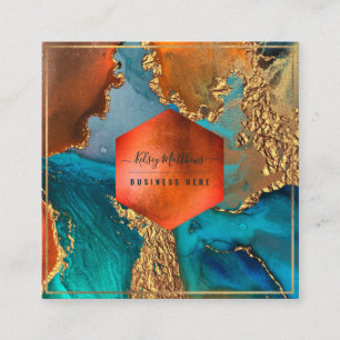 Cartão De Visita Quadrado PixDezines Abstrato Galaxy H2 Copper Dourado Teal 