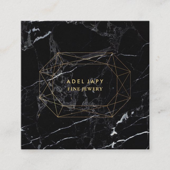 Cartão De Visita Quadrado PixDezines Black Marble+Faux Dourado Gemstone Face (Frente)