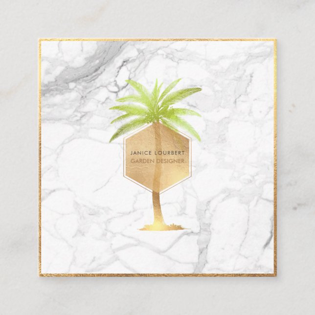 Cartão De Visita Quadrado PixDezines FAUX DOURADA PALM TREE+MARBLE (Frente)