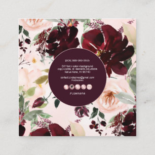 Cartão De Visita Quadrado PixDezines Flores Aquarela, Borgonha+Blush