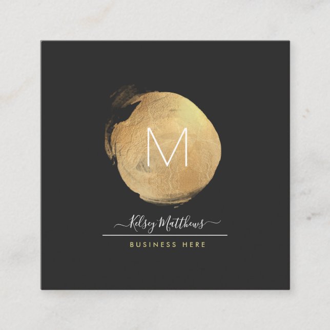 Cartão De Visita Quadrado PixDezines Glam Monograma Preto+Ponto Dourado (Frente)