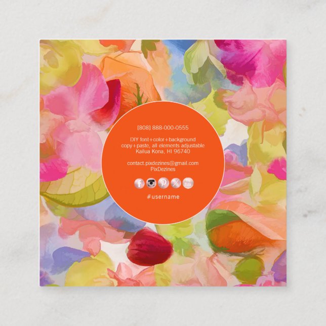 Cartão De Visita Quadrado PixDezines O'kika Watercolor Flowers, Orchids (Verso)