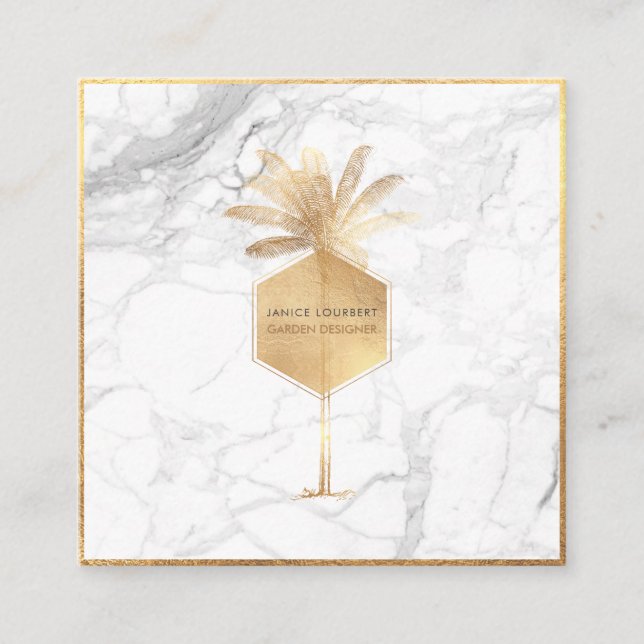 Cartão De Visita Quadrado PixDezines PALM TREE, FAUX DOURADO+MARBLE (Frente)