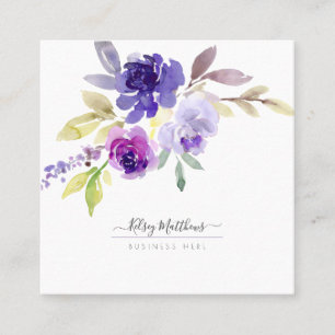 Cartão De Visita Quadrado PixDezines Rosas de Verão em Aquarela, Roxo Violet