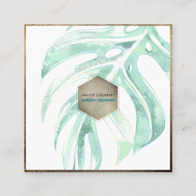 Cartão De Visita Quadrado PixDezines WATERCOLOR SEAFOAM MONSTERA, GREENERAÇÃ (Frente)