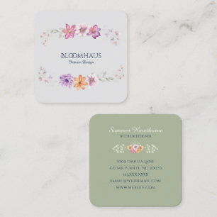 Cartão De Visita Quadrado Placa de Água Sofisticada Sage Floral Botânico