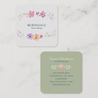 Cartão De Visita Quadrado Placa de Água Sofisticada Sage Floral Botânico