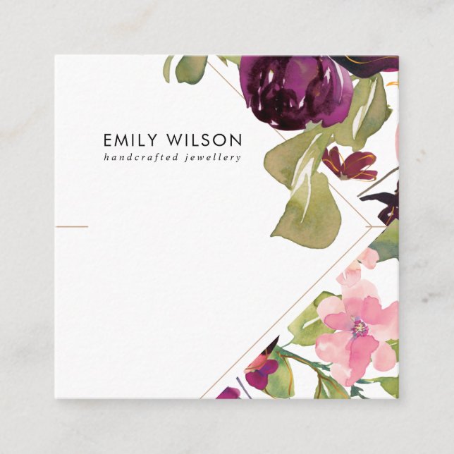 CARTÃO DE VISITA QUADRADO PLACA DE EXIBIÇÃO DE BRACELET FLORAL PINK BURGUNDY (Frente)