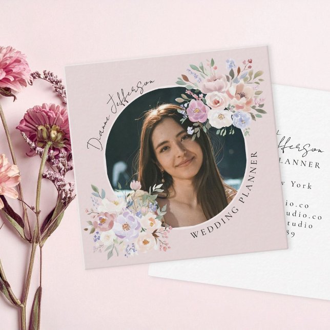 Cartão De Visita Quadrado Planejador de Casamento Rosa Bege Floral Foto Pers (elegant wedding planner blush pink custom photo floral business card)