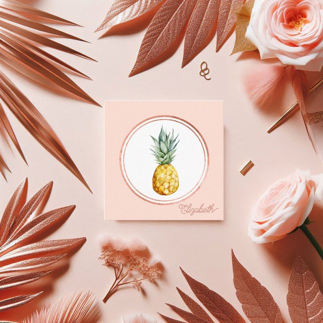 Cartão De Visita Quadrado Planejador de Grupo Tropical Rosa-Blush Dourado ro (Rose Gold Blush Pink Tropical Party Planner Square Business Card)