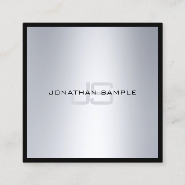 Cartão De Visita Quadrado Planície de prata chique do olhar do monograma (Frente)