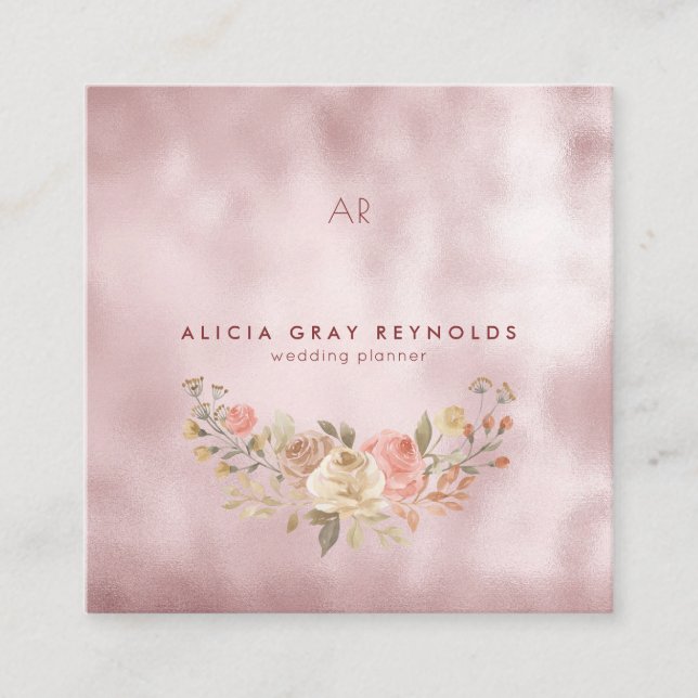 Cartão De Visita Quadrado Planner de Casamento Floral Dourado do Glam Monogr (Frente)