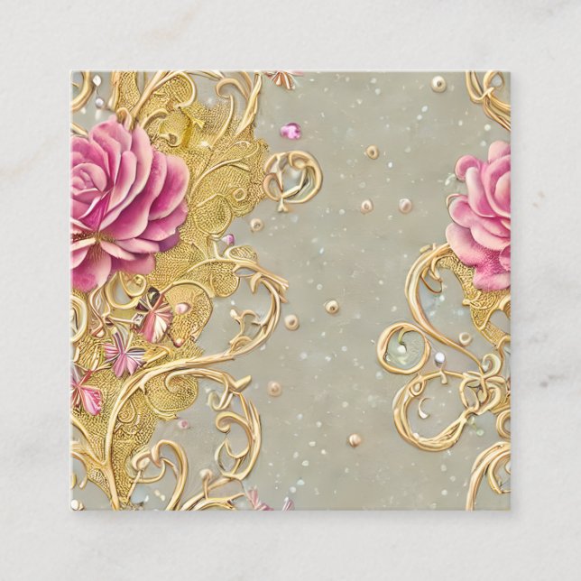 Cartão De Visita Quadrado Planner rosa Dourado Lace Rosas Silver Glitter (Frente)