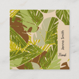 Cartão De Visita Quadrado Plantas da Selva Desenhadas à Mão Verde Jardim Flo