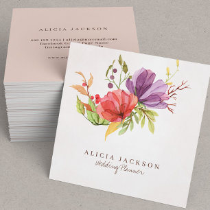 Cartão De Visita Quadrado Plum floral e planejador de casamento de cor d'águ