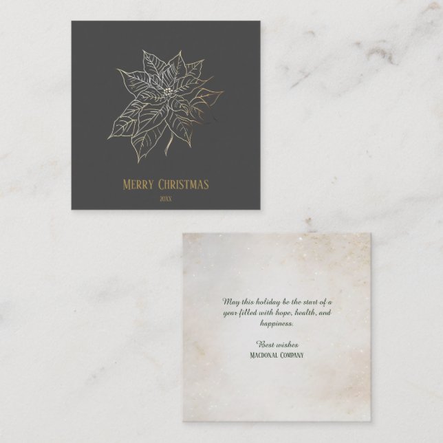 Cartão De Visita Quadrado Poinsettia Dourada Elegante em Fundo Escuro (Frente/Verso)