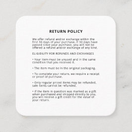 Cartão De Visita Quadrado Política de devolução de materiais mercadológicos 