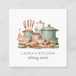 Cartão De Visita Quadrado Potes de Aquarela Russos Pans Comida Kitchenware