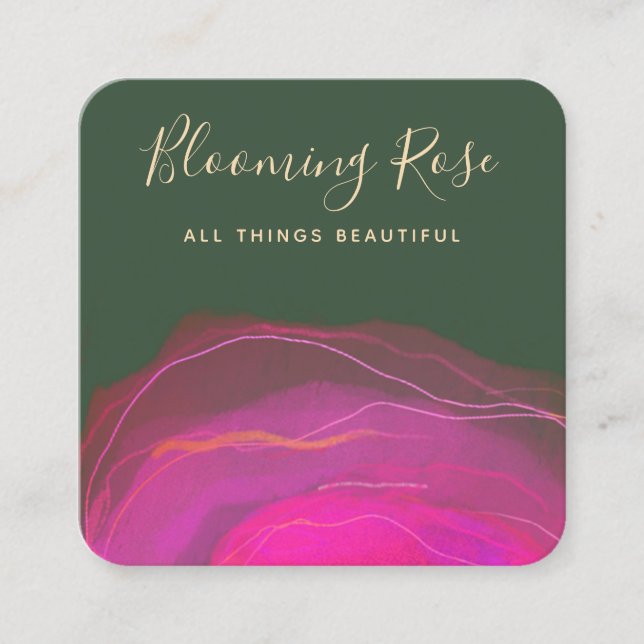 Cartão De Visita Quadrado Praça de Aquarelas Verdes, Abstrato artística, Ros (Frente)