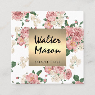 Cartão De Visita Quadrado Praça Dourada do Padrão Floral Elegante