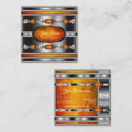 Cartão De Visita Quadrado Prata glamourosa com mármore laranja e diamantes