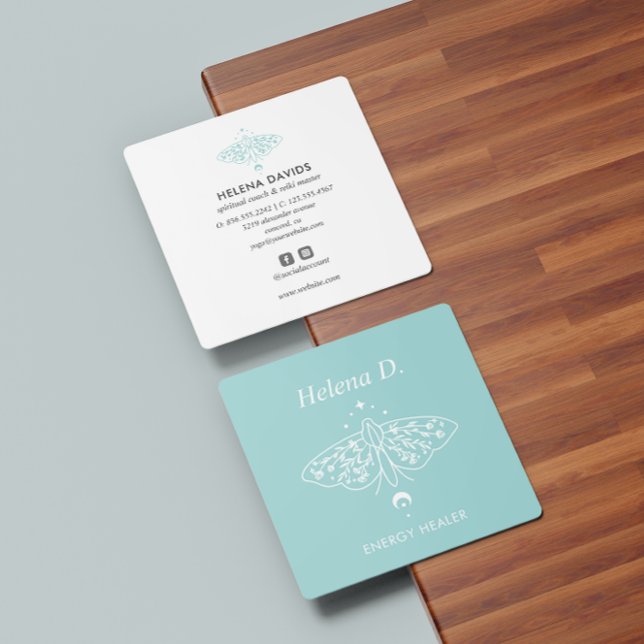 Cartão De Visita Quadrado Praticante da Moth Butterfly Moon Phase Reiki Yoga (Criador carregado)