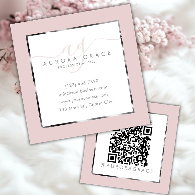 Cartão De Visita Quadrado Prestige profissional rosa e prata (Criador carregado)