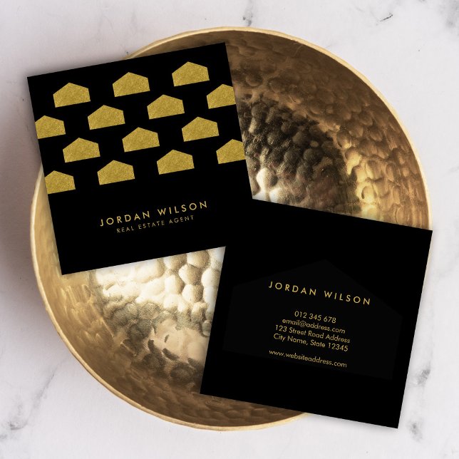 Cartão De Visita Quadrado Preto Elegante Casa Padrão Imobiliário (Criador carregado)