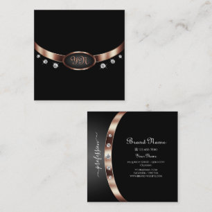 Cartão De Visita Quadrado Preto Elegante e Rosa Dourado com Ouros Monográfic