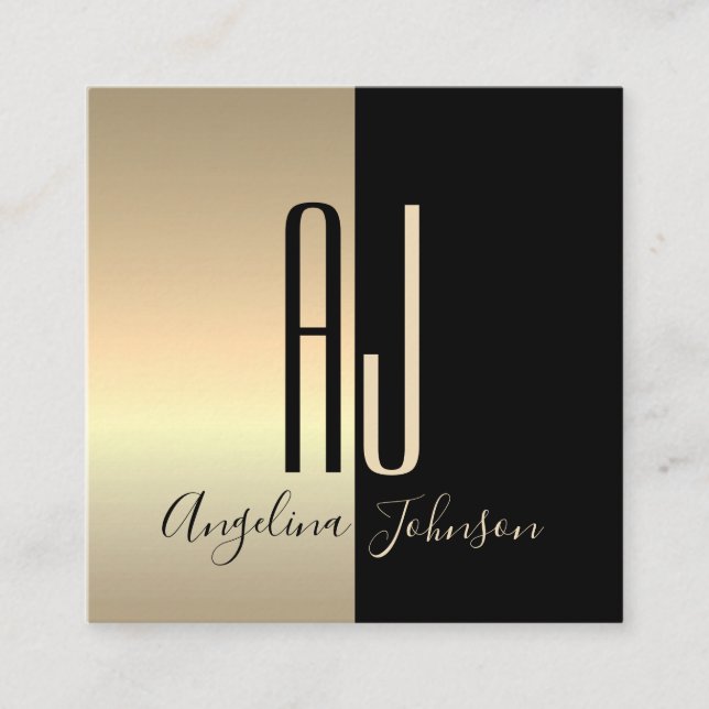 Cartão De Visita Quadrado Preto Elegante Moderno Dourado (Frente)