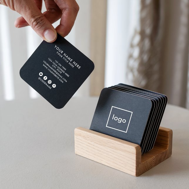 Cartão De Visita Quadrado Preto profissional quadrado adicione o seu logotip (Square professional black add your custom logo)