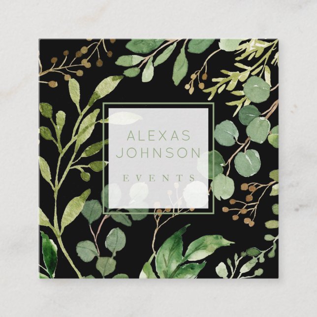 Cartão De Visita Quadrado Primavera de verde moderno preto escuro (Frente)