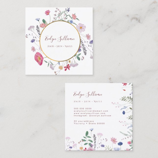 Cartão De Visita Quadrado Primavera, flores silvestres, círculo dourado cart (Frente/Verso)