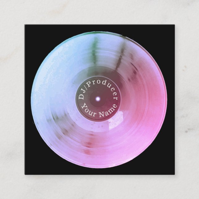 Cartão De Visita Quadrado Produção metálica azul do DJ do disco do registro (Frente)